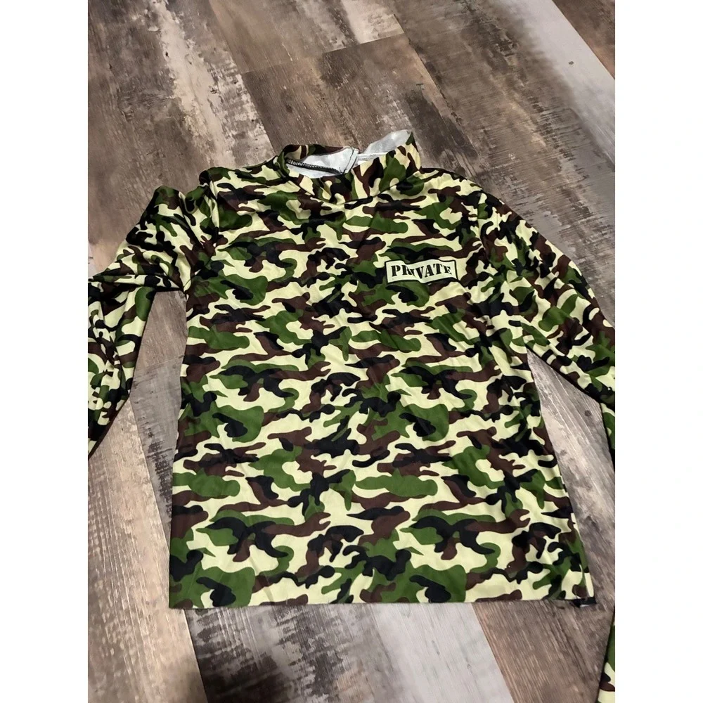 Kids Camouflage Military Costume Set 3-Piece Top Pants Hat Green Camo Large